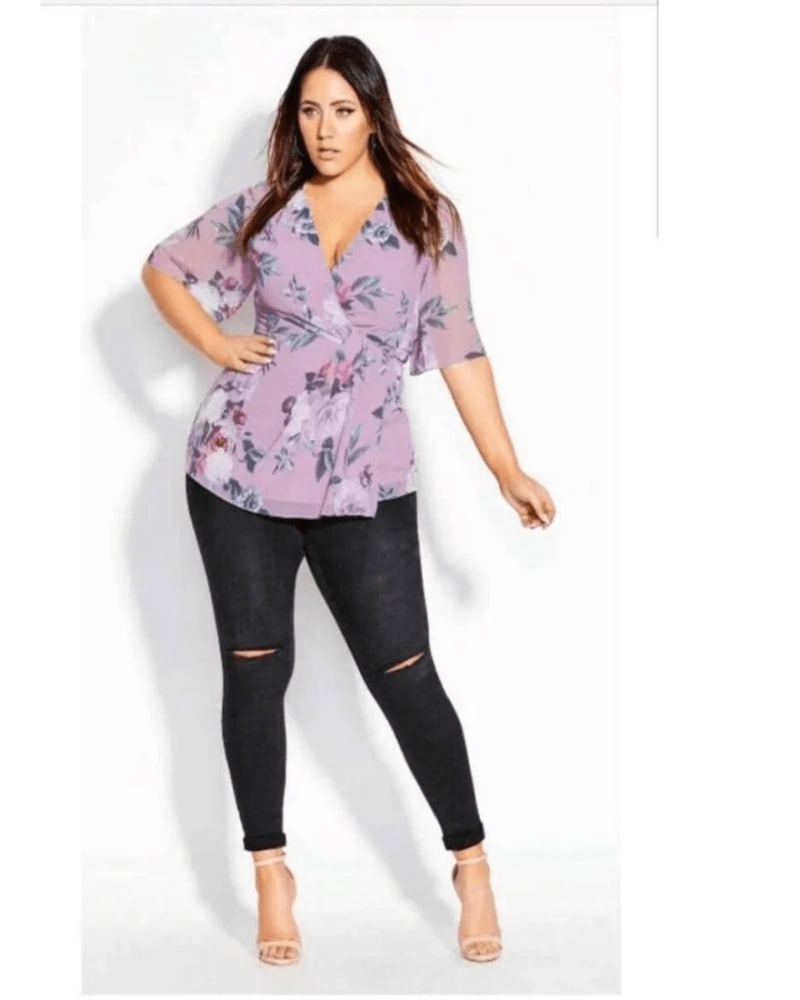Front of a model wearing a size 18W City Chic Women's Plus Rosewood Floral Print Butterfly Sleeves Blouse Purple Size 18W in Red by City Chic. | dia_product_style_image_id:317097